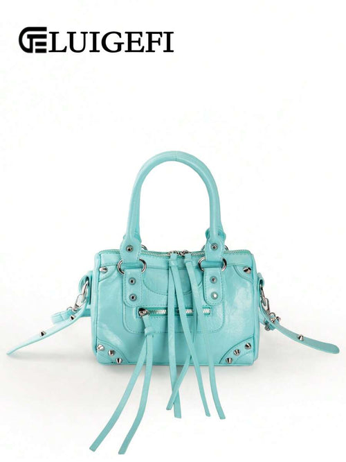 Baby Blue Rivet Tassel Moto Bag - view 1