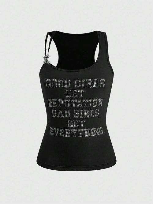 Black Slogan Rhinestone Strap Tank - view 1