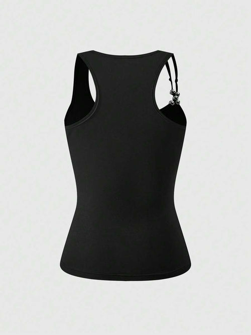 Black Slogan Rhinestone Strap Tank - view 2