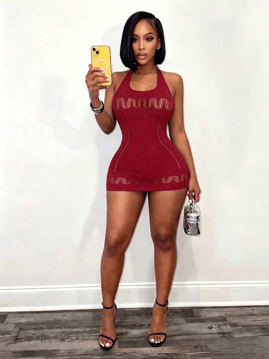 Burgundy Afterglow Halter Mini Dress — product image 1