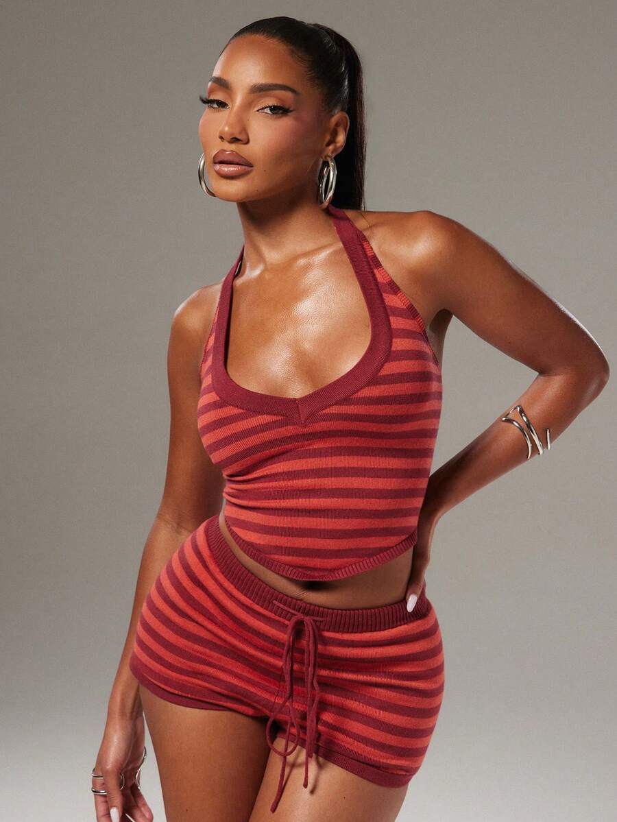 Crimson Stripe Halter Short Set — product image 1