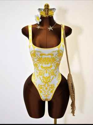 Golden Riviera Baroque Backless Bodysuit baroque print detail