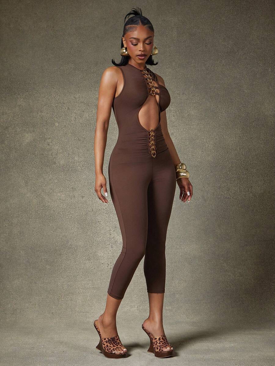 Mocha Chain-Cutout Jumpsuit — Brown — view 3