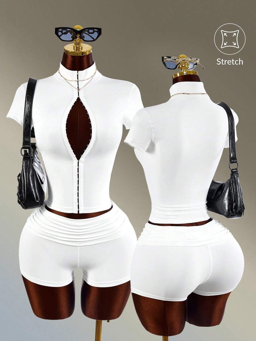 White Drawstring Sport Short Set front view